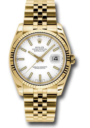 Rolex Yellow Gold Datejust 36 Watch - Fluted Bezel - White Index Dial - Jubilee Bracelet - 116238 wsj