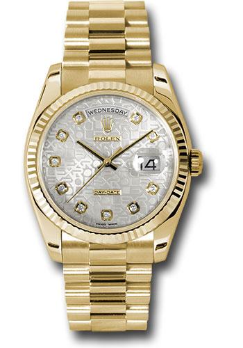 Rolex Yellow Gold Day-Date 36 Watch - Fluted Bezel - Silver Jubilee Diamond Dial - President Bracelet - 118238 sjdp