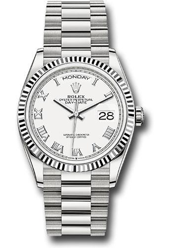 Rolex White Gold Day-Date 36 Watch - Fluted Bezel - White Roman Dial - President Bracelet - 128239 wrp