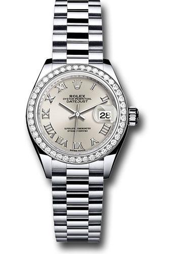 Rolex Platinum Lady-Datejust 28 Watch - 44 Diamond Bezel - Silver Roman Dial - President Bracelet - 279136RBR srp