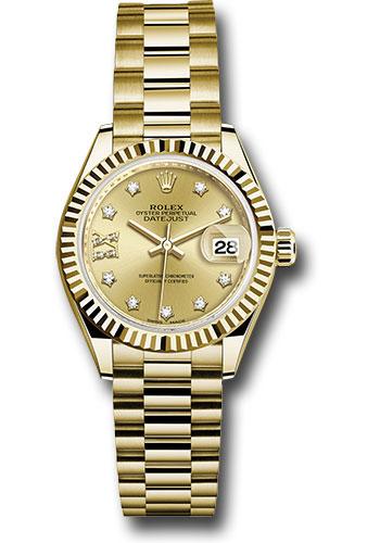 Rolex Yellow Gold Lady-Datejust 28 Watch - Fluted Bezel - Champagne Diamond Star Dial - President Bracelet - 279178 ch9dix8dp