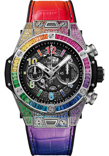 Hublot Big Bang Unico Titanium Rainbow Watch - 45 mm - Black Skeleton Dial - Black Rubber and Multicolored Leather Strap - 411.NX.1117.LR.0999