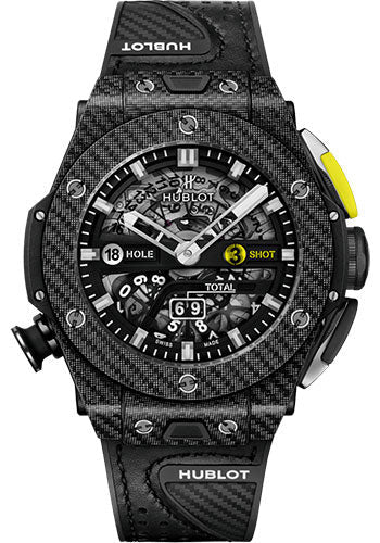 Hublot Big Bang Unico Golf Black Carbon Watch - 45 mm - Black Skeleton Dial - Black Rubber With Carbon Fiber Texture Decor and Black Calf Leather Strap - 416.YT.1120.VR