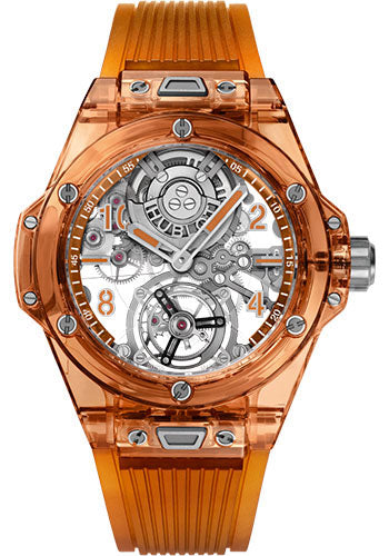 Hublot Big Bang Tourbillon Automatic Orange Sapphire Watch - 45 mm - Sapphire Dial - Transparent Orange Rubber Strap - 419.JO.0120.RT