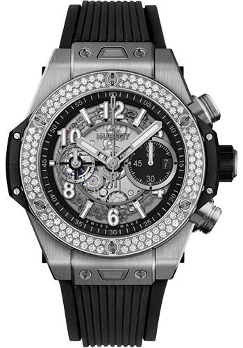 Hublot Big Bang Unico Titanium Diamonds Watch - 44 mm - Black Skeleton Dial - Black Rubber Strap - 421.NX.1170.RX.1104