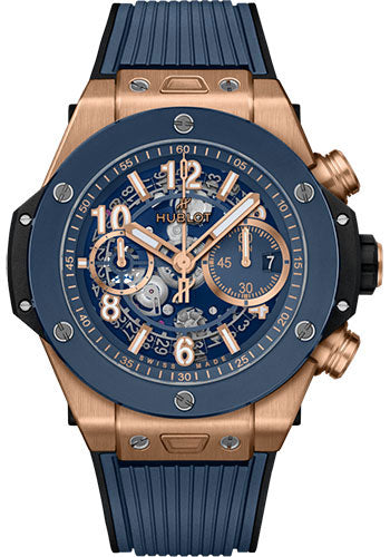 Hublot Big Bang Unico King Gold Blue Ceramic Watch - 44 mm - Blue Skeleton Dial - Blue Rubber Strap - 421.OL.5180.RX