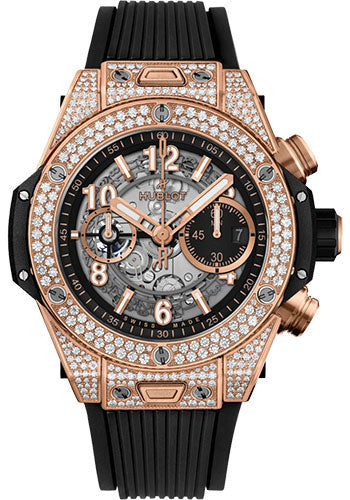 Hublot Big Bang Unico King Gold PavŽ Watch - 44 mm - Black Skeleton Dial - Black Rubber Strap - 421.OX.1180.RX.1704