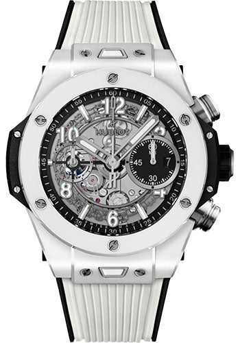 Hublot Big Bang Unico White Ceramic Watch - 42 mm - Black Skeleton Dial - Black and White Rubber Strap - 441.HX.1171.RX