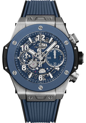 Hublot Big Bang Unico Titanium Blue Ceramic Watch - 42 mm - Blue Skeleton Dial - Black and Blue Rubber Strap - 441.NL.5171.RX