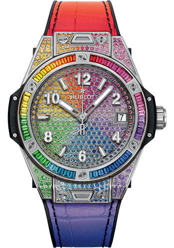 Hublot Big Bang One Click Steel Rainbow Watch - 39 mm - White Dial - Black Rubber and Multicolored Leather Strap - 465.SX.9900.LR.0999