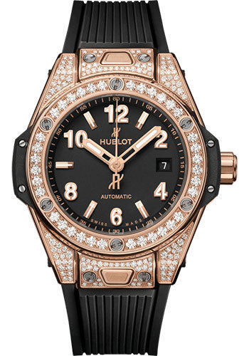 Hublot Big Bang One Click King Gold PavŽ Watch - 33 mm - Black Dial - Black Rubber Strap - 485.OX.1180.RX.1604