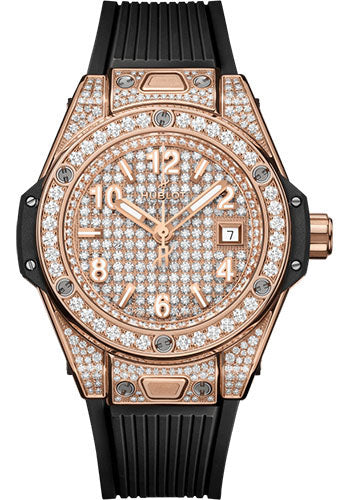 Hublot Big Bang One Click King Gold Full PavŽ Watch - 33 mm - Gem Set Dial - Black Rubber Strap - 485.OX.9000.RX.1604