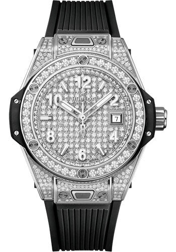 Hublot Big Bang One Click Steel Full PavŽ Watch - 33 mm - Gem Set Dial - Black Rubber Strap - 485.SX.9000.RX.1604