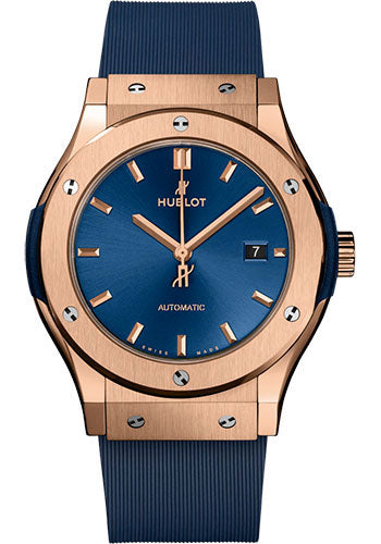 Hublot Classic Fusion King Gold Blue Watch - 42 mm - Blue Dial - Blue Lined Rubber Strap - 542.OX.7180.RX