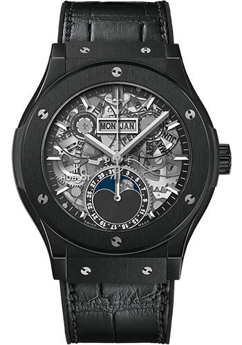 Hublot Classic Fusion Aerofusion Moonphase Black Magic Watch - 42 mm - Sapphire Dial - Black Rubber and Leather Strap - 547.CX.0170.LR