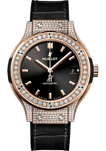 Hublot Classic Fusion King Gold PavŽ Watch - 38 mm - Black Dial - Black Rubber and Leather Strap - 565.OX.1480.LR.1604