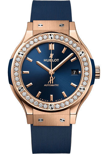 Hublot Classic Fusion King Gold Blue Diamonds Watch - 38 mm - Blue Dial - Blue Lined Rubber Strap - 565.OX.7180.RX.1204