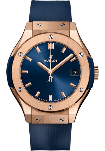 Hublot Classic Fusion King Gold Blue Watch - 33 mm - Blue Dial - Blue Lined Rubber Strap - 581.OX.7180.RX