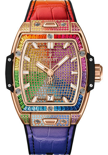 Hublot Spirit of Big Bang King Gold Rainbow Watch - 39 mm - Gem Set Dial - Black Rubber and Multicolored Leather Strap - 662.OX.9900.LR.0999