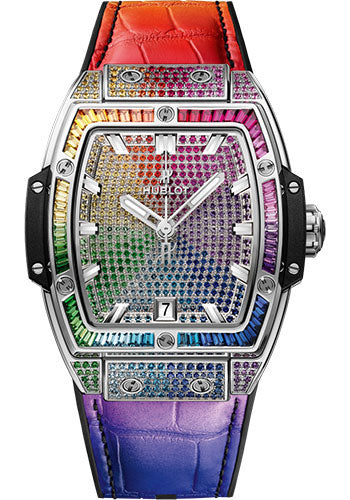 Hublot Spirit of Big Bang Titanium Rainbow Watch - 39 mm - Sapphire Crystal Dial - Black Rubber and Multicolored Leather Strap - 665.NX.9910.LR.0999