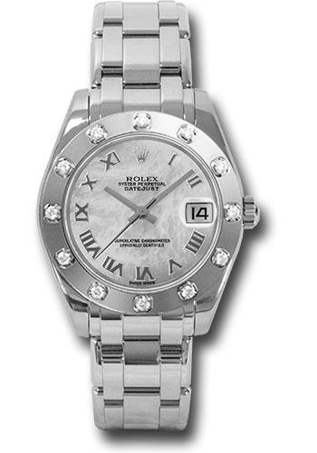 Rolex White Gold Datejust Pearlmaster 34 Watch - 12 Diamond Bezel - White Mother-Of-Pearl Roman Dial - 81319 mr