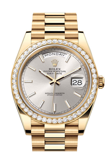 Rolex Day-Date 40 Silver Dial Diamond Bezel Yellow Gold President Men's Watch 228348RBR 228348