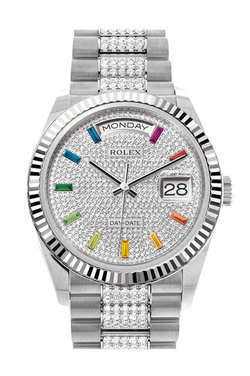 Rolex Day-Date 36 Diamond Paved Diamond Dial Fluted Bezel White Gold Diamond President Watch 128239