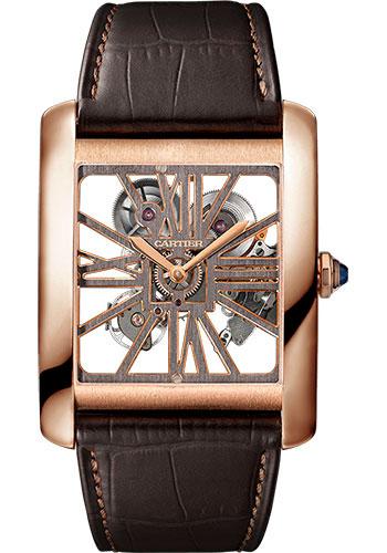 Cartier Tank MC Watch - 34.5 mm Pink Gold Case - Pink Gold Case Bezel - Skeleton Dial - Brown Alligator Strap - W5310040