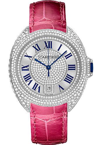 Cartier Cle De Diamond Paved Cartier Watch - 40 mm White Gold Diamond Case - Diamond Bezel - Silver Dial - Fuchsia Pink Alligator Strap - WJCL0019