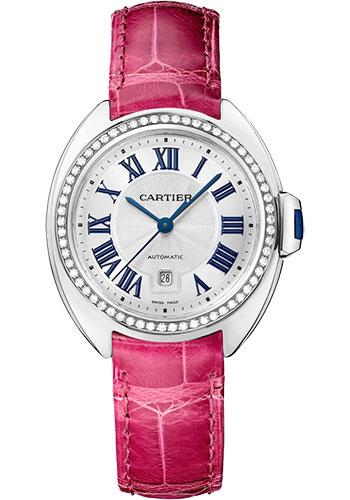 Cartier Cle de Cartier Watch - 31 mm White Gold Diamond Case - White Dial - Fuchsia Pink Alligator Strap - WJCL0050