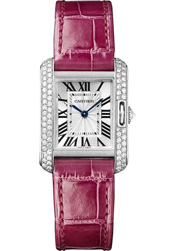 Cartier Tank Anglaise Watch - 30.2 mm White Gold Diamond Case - Silvered Dial - Fuschia Alligator Strap - WT100015