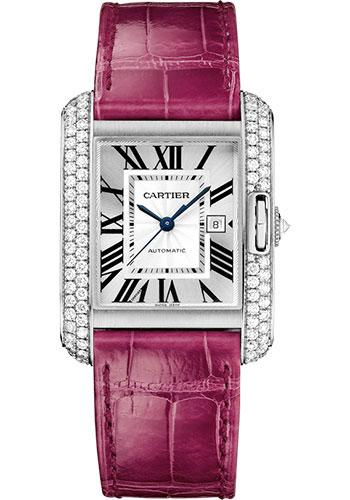 Cartier Tank Anglaise Watch - 39.2 mm White Gold Diamond Case - Silvered Dial - Fuschia Alligator Strap - WT100018